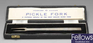 A modern cased silver replica pickle fork, etc.