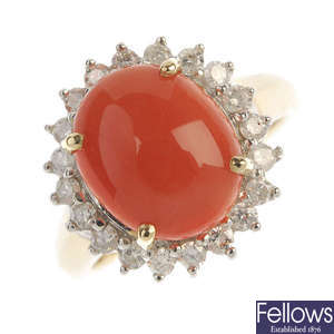 A 9ct gold coral and diamond cluster ring.