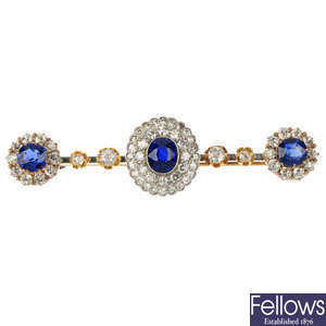 An early 20th century platinum and 15ct gold sapphire and diamond bar brooch.