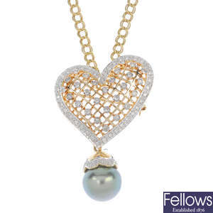 A diamond and cultured pearl pendant, with chain.