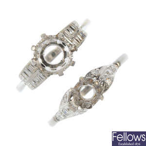 A selection of three early to mid 20th century platinum and diamond ring mounts.