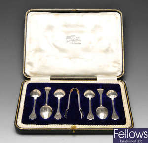 A cased set of early twentieth century silver Trefid pattern coffee spoons , etc.