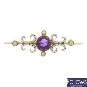 An early 20th century 15ct gold amethyst, split pearl and enamel brooch.