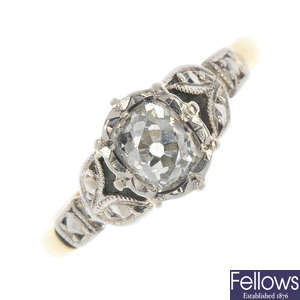 An early 20th century 18ct gold and platinum diamond single-stone ring.