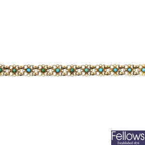 A late 19th century continental 20ct gold turquoise bracelet.
