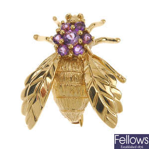 A 9ct gold amethyst bee brooch and a diamond single ear stud.