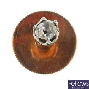 A lady's early 20th century 9ct gold diamond single-stone collar stud, cased.