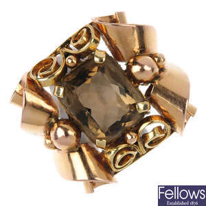 A mid 20th century gold smokey quartz dress ring.