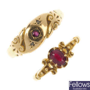 Two early 20th century 18ct gold garnet rings.