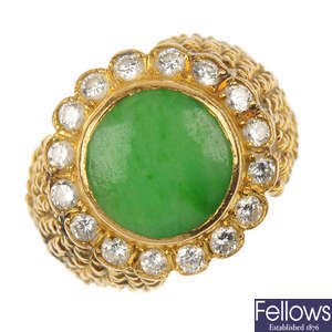 A mid 20th century gold jade and diamond cluster ring.