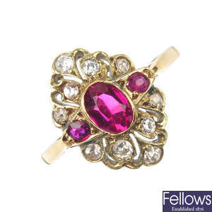 A mid 20th century 22ct gold synthetic ruby, ruby and diamond dress ring. 