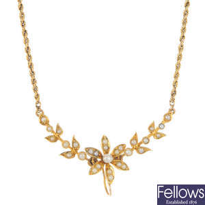 An early 20th century gold seed pearl necklace.