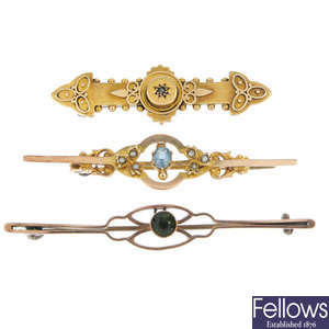 A selection of four early 20th century gold gem and paste-set brooches. 