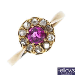 An early 20th century gold synthetic ruby and diamond cluster ring.