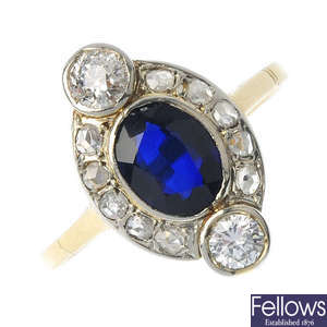 A synthetic sapphire and diamond cluster ring. 
