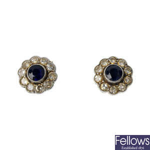 A pair of mid 20th century sapphire and diamond cluster ear studs.