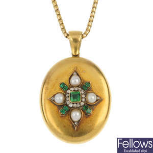 A late 19th century gold emerald, split pearl and diamond locket.