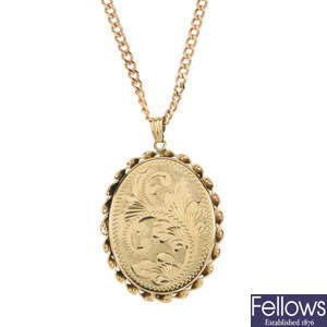 A 9ct gold locket and two chains.