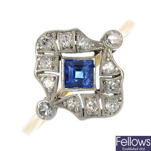 An early 20th century 18ct gold and platinum sapphire and diamond dress ring.