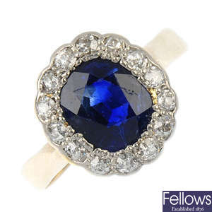 A mid 20th century sapphire and diamond cluster ring.