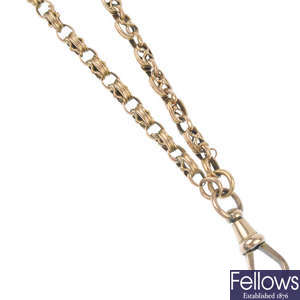 A late 19th century 9ct gold longuard chain. 