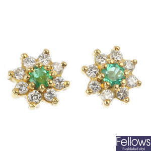 A pair of 18ct emerald and diamond cluster ear studs.