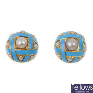 A pair of late 19th century split pearl and enamel ear studs.