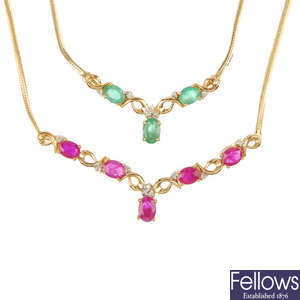 Two 9ct gold diamond and gem-set necklaces.