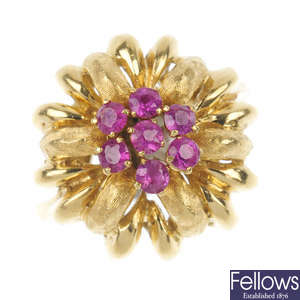 A mid 20th century 18ct gold ruby floral dress ring.
