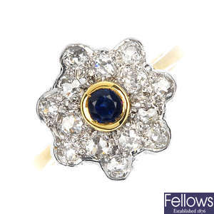 An 18ct gold sapphire and diamond floral cluster ring.
