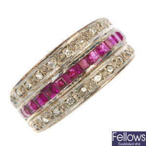 A synthetic ruby and diamond three-row ring.