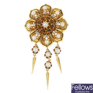 A diamond cultured pearl and enamel floral pendant.