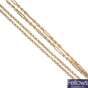 Two early 20th century 9ct gold chains.