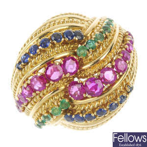 A mid 20th century 18ct gold ruby, emerald and sapphire dress ring.