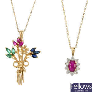Two diamond and gem-set pendants. 