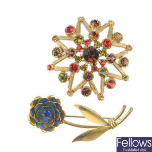 A selection of costume jewellery and two gold brooches
