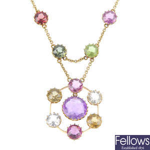 An early 20th century 15ct gold multi-gem necklace.