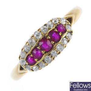 An early 20th century 18ct gold ruby and diamond cluster ring.