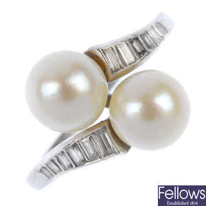 A mid 20th century platinum cultured pearl and diamond crossover ring.
