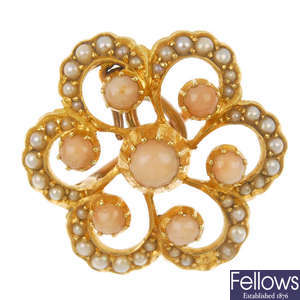 An early 20th century 15ct gold coral and split pearl floral brooch.