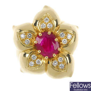 A Burmese ruby and diamond floral dress ring.