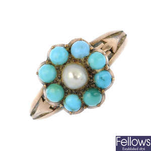 An early 20th century 9ct gold split pearl and turquoise cluster ring