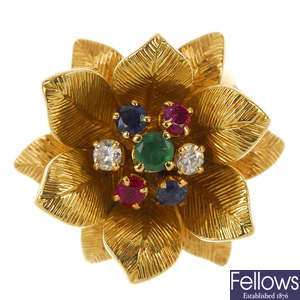 A mid 20th century diamond and multi-gem floral ring.