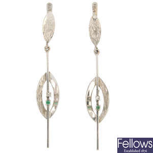 A pair of mid 20th century diamond and emerald ear pendants.