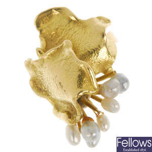A mid 20th century 18ct gold cultured pearl foliate dress ring.