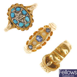 An early 20th century 18ct gold sapphire and diamond ring and a buckle ring.