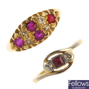 Two early 20th century 18ct gold ruby and diamond rings.
