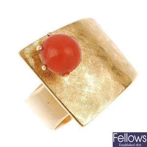 A mid 20th century 18ct gold coral dress ring. 