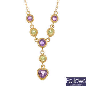 A 9ct gold gem-set necklace and two gem-set pendants.