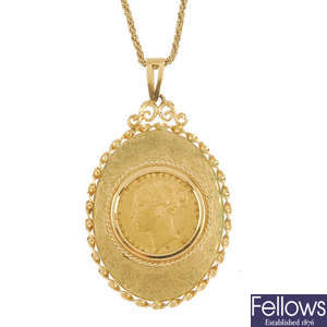 A 9ct gold full sovereign pendant.